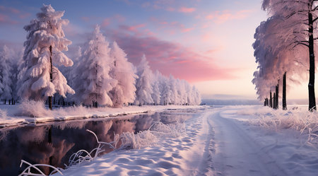 Winter landscape with a road and trees in hoarfrost at sunsetの素材