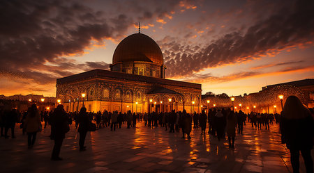An ethereal evening scene at the Al Aqsa mosque. Architectural grandeur and spiritual significanceの素材