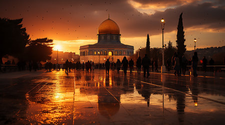 An ethereal evening scene at the Al Aqsa mosque. Architectural grandeur and spiritual significanceの素材