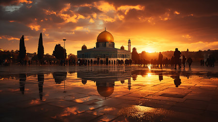 An ethereal evening scene at the Al Aqsa mosque. Architectural grandeur and spiritual significanceの素材