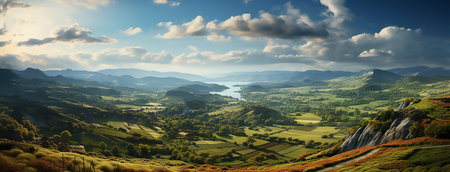 Panoramic view of the valley and the lake in the mountainsの素材