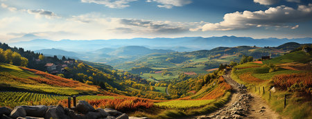 Beautiful vineyard scenery in South Styria close to Gamlitz. Grape hills in autumn in the well known tourist destination Eckberg. Location Styria, Austria Gamlitz district, Leibnitz. Europeの素材