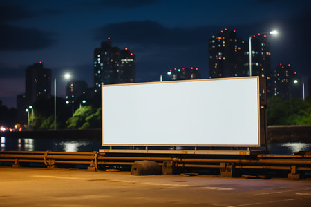 Blank billboard on the bridge at night, outdoor advertising concept.の素材