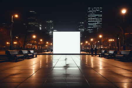 Digital white blank billboard in night in city. Roadside copy space background mockupの素材