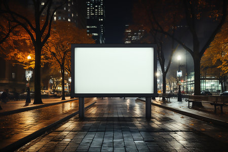 Digital white blank billboard in night in city. Roadside copy space background mockupの素材