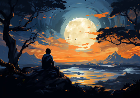 Silhouette of lonely young man on under a tree watching the night time sky at night. Generative ai 5の素材