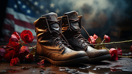 Pair of old worn out military boots and rose petals.の素材
