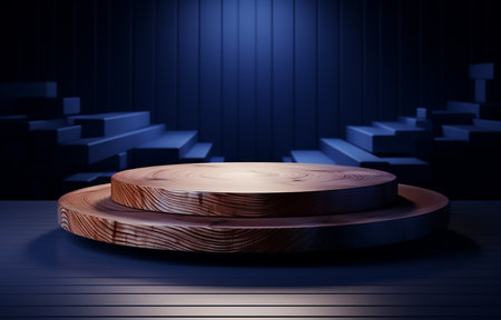 Wooden podium for product presentation in the dark blue room. 3D renderingの素材
