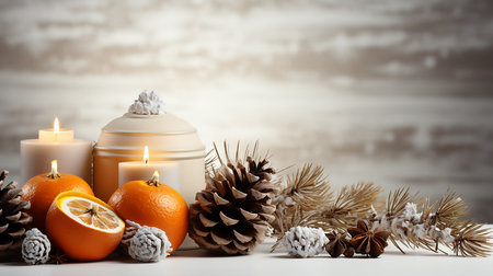 Christmas still life with pine cones, candles and tangerines on wooden backgroundの素材