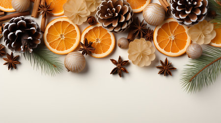 Christmas composition with fir branches, dried oranges and spices on white backgroundの素材