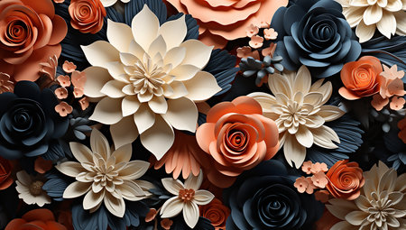 3D many paper flower elements in various colors. Colorful arrangements and modern floral eleganceの素材