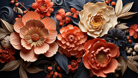 3D many paper flower elements in various colors. Colorful arrangements and modern floral eleganceの素材