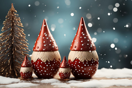 Christmas tree decorations on wooden table with snow and bokeh backgroundの素材