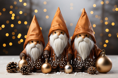 Christmas greeting card with decorative gnomes on bokeh lights backgroundの素材