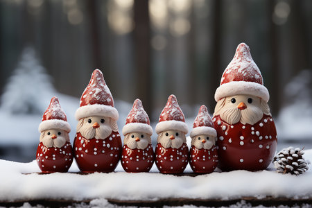 Ceramic Christmas gnomes on snow in winter forest. Christmas card.の素材