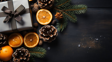Christmas composition with fir branches, gifts and oranges on dark wooden backgroundの素材