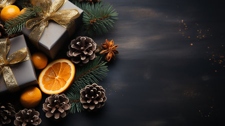 Christmas composition with fir branches, gift boxes and oranges on dark wooden backgroundの素材
