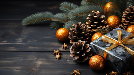 Christmas greeting card. Festive decoration on dark wooden background. New Year concept. Copy space.  Flat lay. Top view.の素材