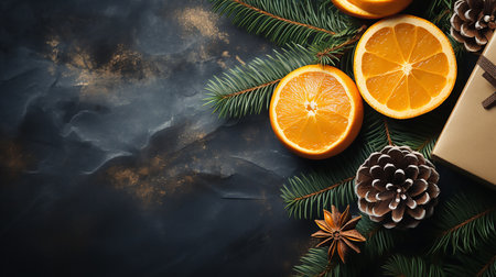 Christmas background with fir branches, gifts and oranges. Top view with copy spaceの素材