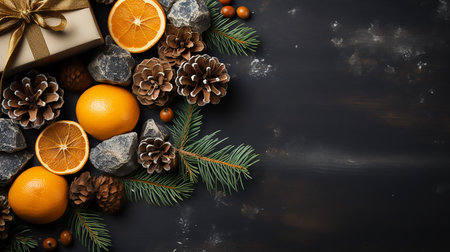 Christmas composition. Gifts, pine cones, tangerines on a black background. Flat lay, top view, copy spaceの素材