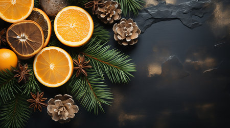 Christmas or New Year composition with fir branches, oranges and pine cones on black backgroundの素材