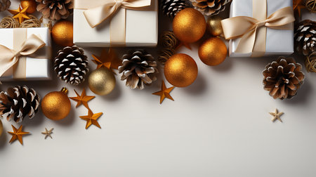 Christmas background with golden decorations and gift boxes. 3d rendering.の素材