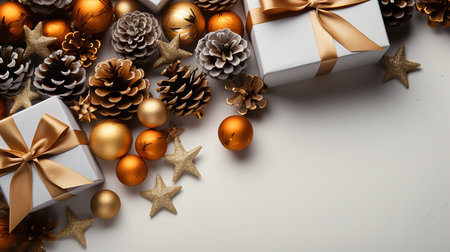 Christmas and New Year background with golden decorations and gift boxes on white backgroundの素材