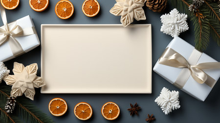 Christmas gift box, fir branches and pine cones new year with place for text on white backgroundの素材