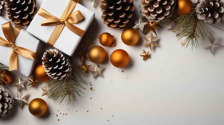 Christmas gift box, fir branches and pine cones new year with place for text on white backgroundの素材