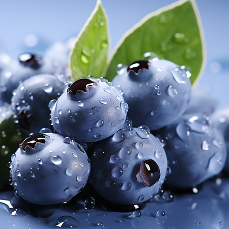 Fresh blueberries with water drops on blue background. Shallow dof.の素材