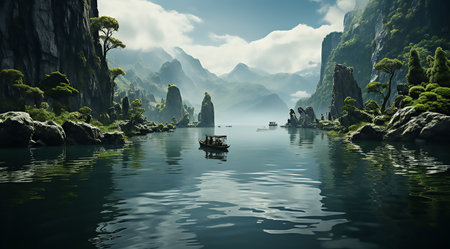 Realistic beautiful cliffs of the fantasy world. River water in the gorge made of rocks and waterの素材