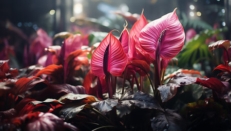 Tropical plants and leaves in natural environment of dark pink and light maroon. Nature beautyの素材