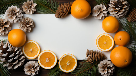 Christmas or New Year background with fir branches, pine cones and oranges. Flat lay, top viewの素材