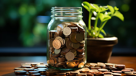 Coins in a glass jar on a wooden table with green backgroundの素材