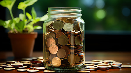Coins in a glass jar with green plant on the table.の素材