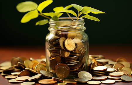 Coins in glass jar with green plant on wooden table. Saving concept.の素材