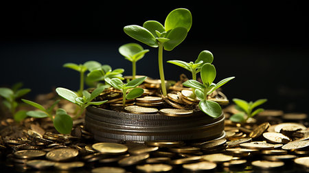 Green seedling growing out of coins on dark background. Financial growth concept.の素材