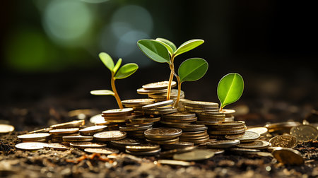 Green seedling growing from pile of coins, business and financial growth conceptの素材