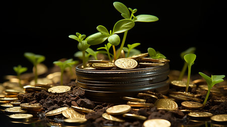 Golden coins with green seedling growing out of soil on black backgroundの素材