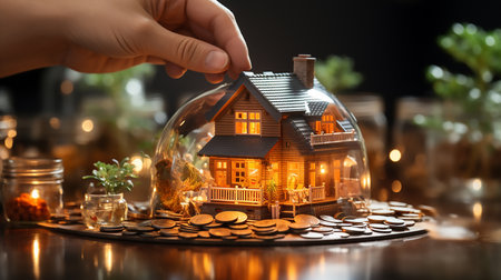 Woman putting coin into glass globe with house model on table, closeupの素材