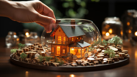 Female hand putting coin into glass bowl with house model on blurred backgroundの素材