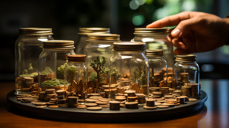 Cents into a lots of jars full of euro coins. Hand dropping a coin. Saving and investment conceptの素材
