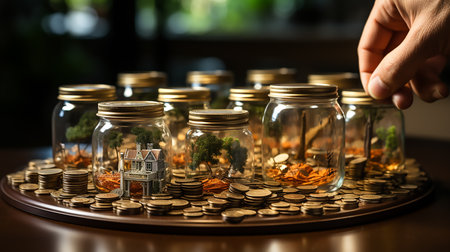 Cents into a lots of jars full of euro coins. Hand dropping a coin. Saving and investment conceptの素材