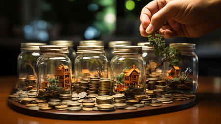 Cents into a lots of jars full of euro coins. Hand dropping a coin. Saving and investment conceptの素材