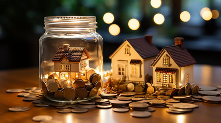 House model with coins in a glass jar with bokeh backgroundの素材