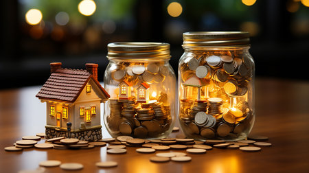 Coins in glass jar with house model on bokeh backgroundの素材