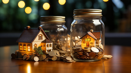 House model with coins in glass jar on wooden table and bokeh backgroundの素材