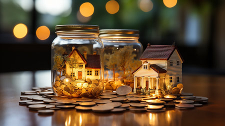 Miniature house and coins in glass jar on bokeh backgroundの素材