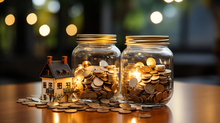 Coins in a glass jar with a house on the table.の素材