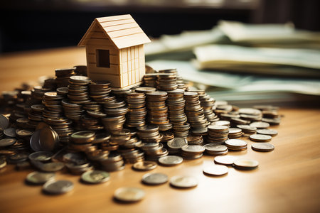 House model and coins stack on wooden table, Saving money for buy house concept.の素材